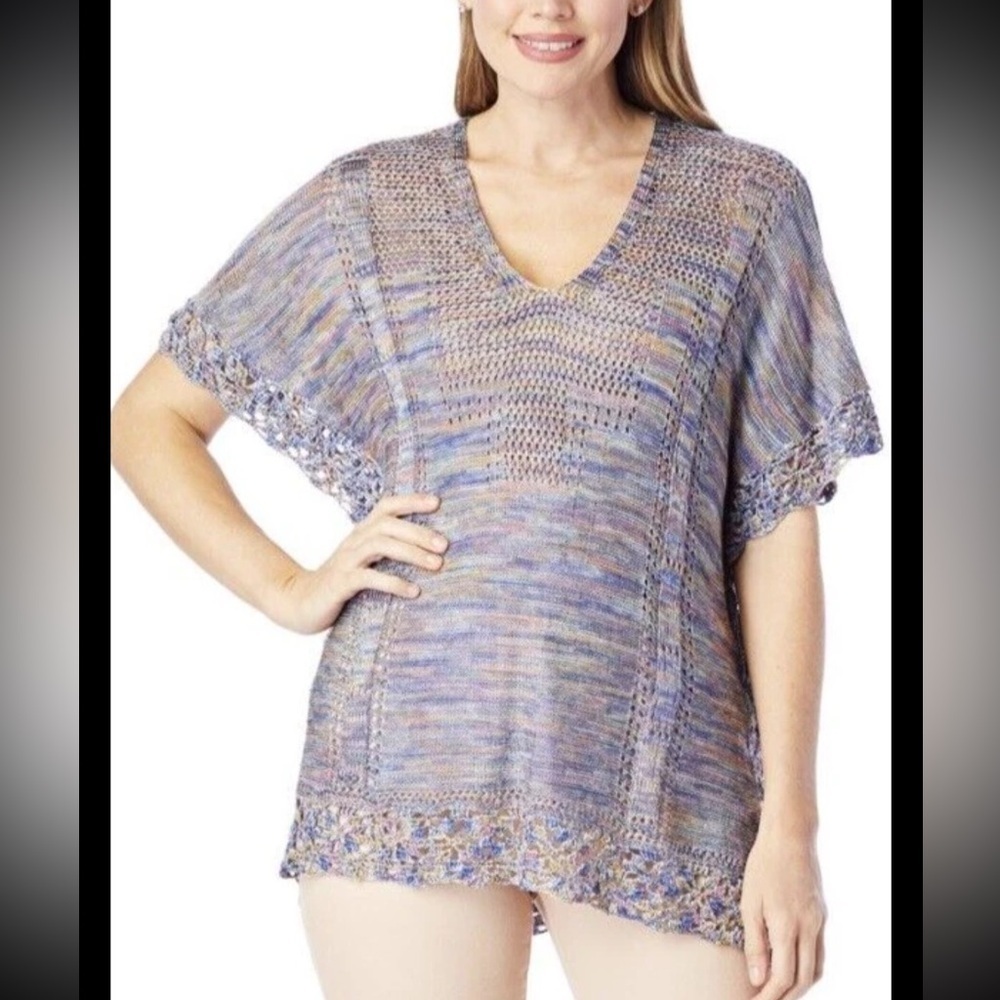 Democracy V-Neck Regular Size S/M Sweater Women's Multicolor Crochet Trim, NEW